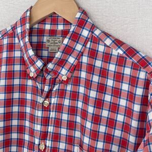J.CREW Shirt Mens L Lightweight Plaid Button Up Long Sleeve Woven Cotton Red